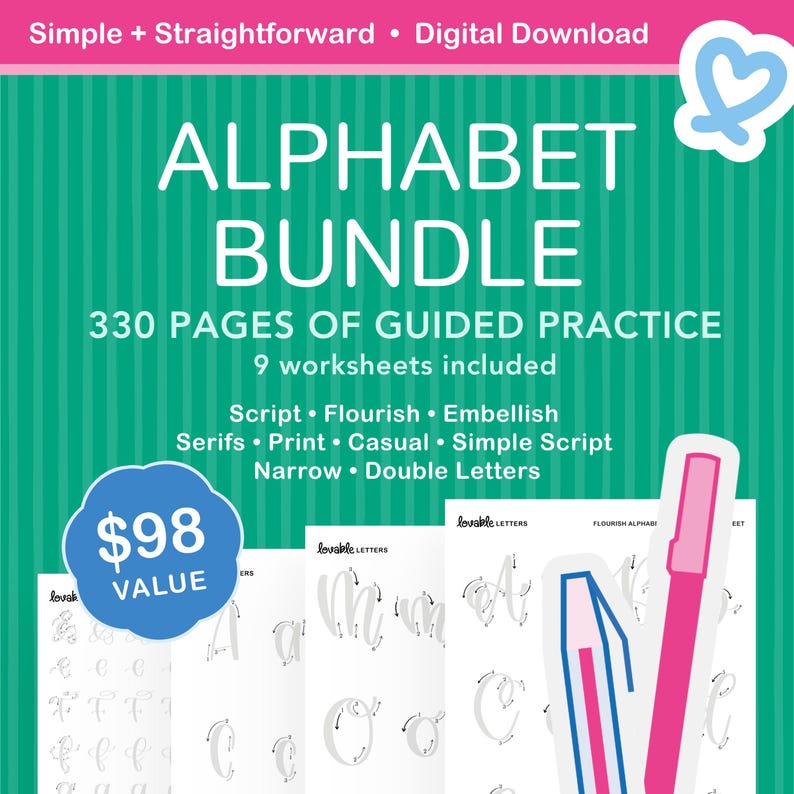Script Lettering Embellish Alphabet Lettering Worksheet Bundle | Full A-Z Styles for Modern ...