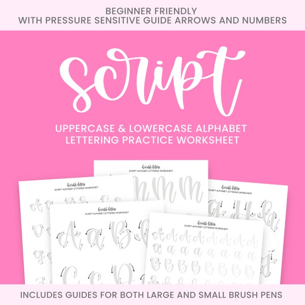 Scriptalfabetbelettering werkblad | Leren Letteren | Belettering Beginners | Handbelettering en moderne kalligrafiegids | Scriptoefening