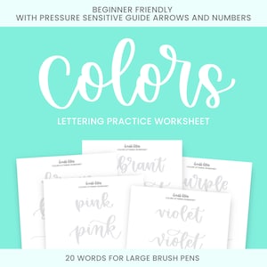 Planilha de letras de 20 palavras em cores | Aprenda a Letrar | Letras Iniciantes | Guia de letras manuais e caligrafia moderna | Prática de roteiro
