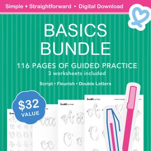 Basics Lettering Worksheet Bundle | Script, Flourish & Double Letters A-Z Traceable Practice Sheets