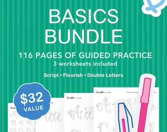 Basics Lettering Worksheet Bundle | Script, Flourish & Double Letters A-Z Traceable Practice Sheets