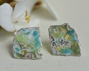 Silver and enamel textured stud earrings