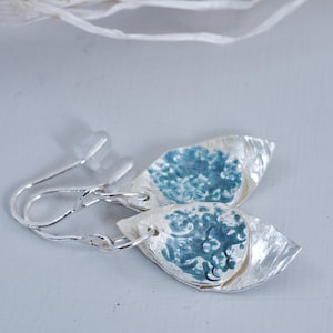 Silver and enamel textured double leaf drops