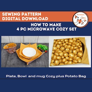 SEWING PATTERN Instant Download, Microwave Cozy Set - Potato Bag, Bowl Cozy, Plate Cozy, Mug Cozy, Sewing Instructions, Mug Cozy Pattern