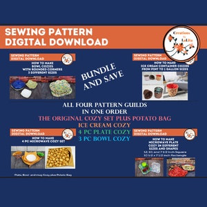 SEWING PATTERN, All the cozies in one bundle, Plate Cozy, Mug Cozy, Bowl Cozy, Potato Bag, Ice Cream Cozy