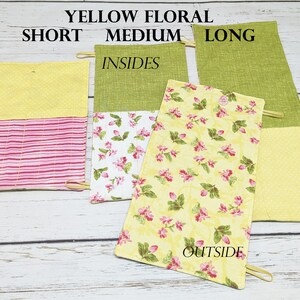 May include: Three yellow floral fabric pouches with pink and white stripes, a floral print, and a yellow polka dot print. The pouches are labelled "Short", "Medium", and "Long". The pouches are labelled "Insides" and "Outside".