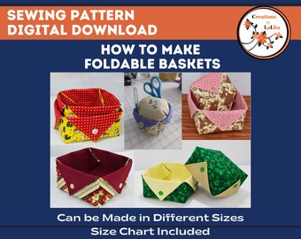 SEWING PATTERN Instant Download, Fabric Baskets - Pin Cushion and Tissue Box Cover also included, Foldable Storable Multi Use Baskets