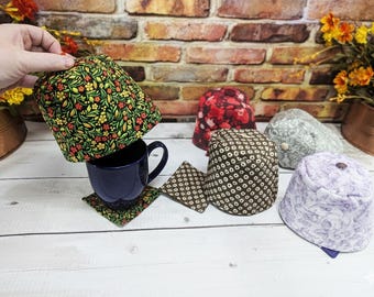 Juego de posavasos y funda para tetera con aislamiento hecho a mano: tapete y funda que mantienen el té caliente mientras se infusiona.