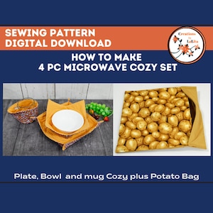 Può includere: Modello di cucito da scaricare digitalmente per un set di 4 pezzi per microonde. Il set include un sottopentola per piatto, un sottopentola per ciotola, un sottopentola per tazza e una borsa per patate. Il sottopentola è giallo con un motivo marrone e arancione. La borsa per patate è gialla con una stampa di patate marroni.