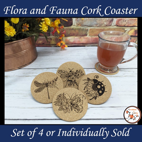 Flora and Fauna Cork Coaster Set or Individual