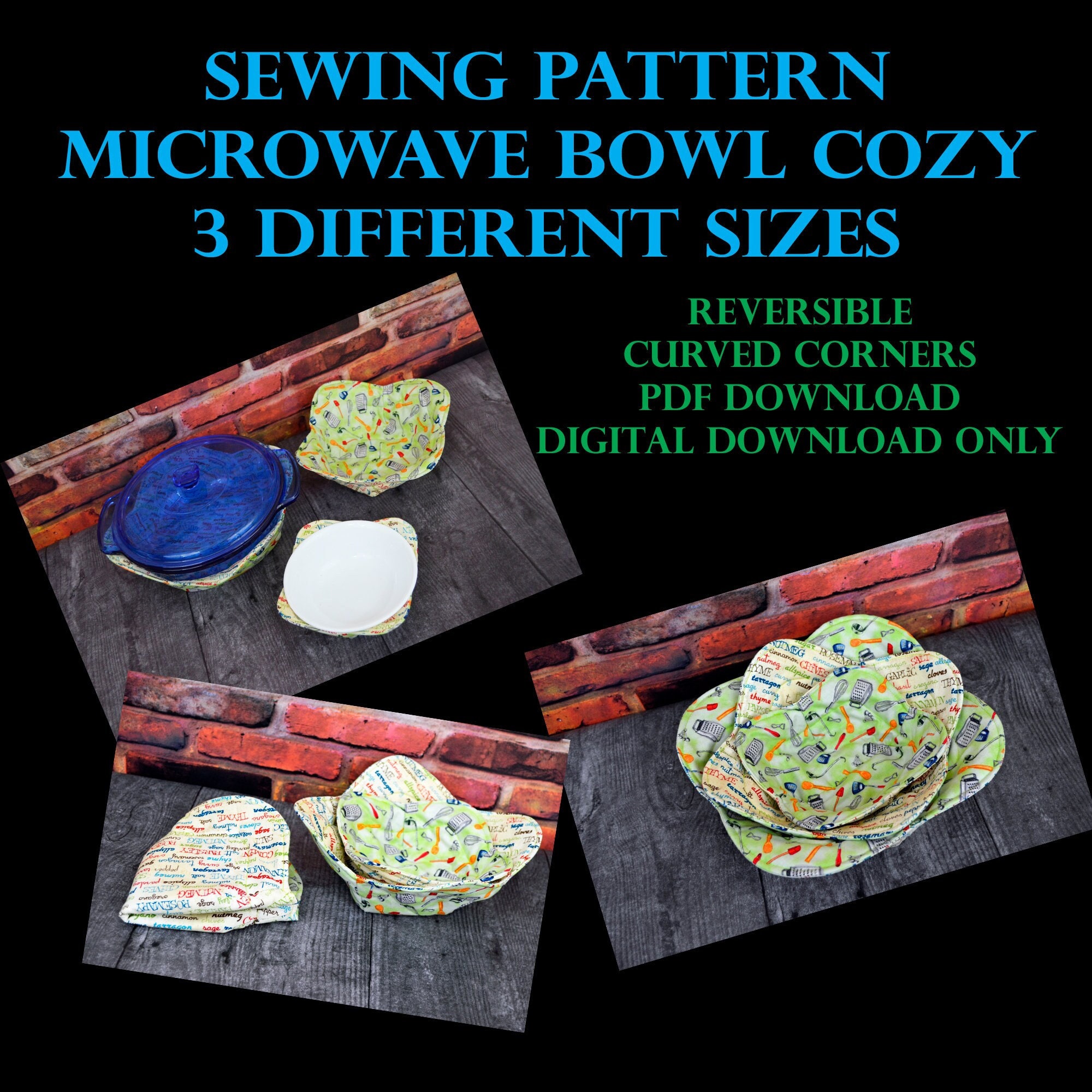 SEWING PATTERN Instant Download, 3 Different Size Bowl Cozy, Small Medium  and Large, Microwave Bowl Cozy Pattern 