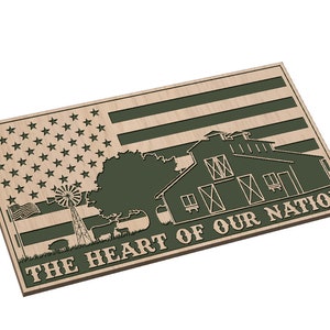 May include: A wooden sign with a green silhouette of a barn, windmill, and tree in front of an American flag. The text "THE HEART OF OUR NATION" is written below the image.