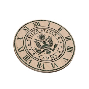 May include: A circular wooden clock featuring Roman numerals and the words "United States Army" around an eagle emblem. The clock face is light brown with dark green engraved details.