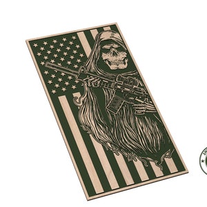 May include: A wooden sign with a green background and a brown American flag design. The flag has a skull with a hood holding a rifle. The text "AMERICAN SOUTH DESIGNS" is in a circle at the bottom right corner.