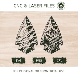 May include: Two black arrowhead designs featuring intricate mountain and forest landscapes. The text reads CNC & LASER FILES, SVG, PNG, CRV, and FOR PERSONAL OR COMMERCIAL USE. A circular logo with a tree and the text AMERICAN SOUTH DESIGNS is included.