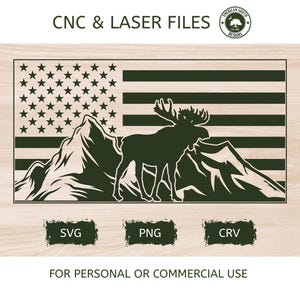 American Flag with Mountain and Moose - SVG -  CNC Laser File (Digital Download)