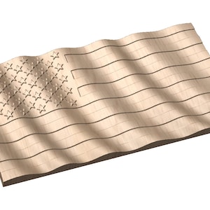 May include: A wooden American flag with a wavy design. The flag is made of light brown wood and has a carved design of stars and stripes.
