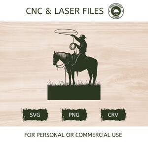 May include: Silhouette of a cowboy on horseback, roping a steer. The image is a CNC and laser file design, with the text "CNC & LASER FILES" at the top. Below are file type icons: SVG, PNG, and CRV. Text at the bottom reads "FOR PERSONAL OR COMMERCIAL USE."