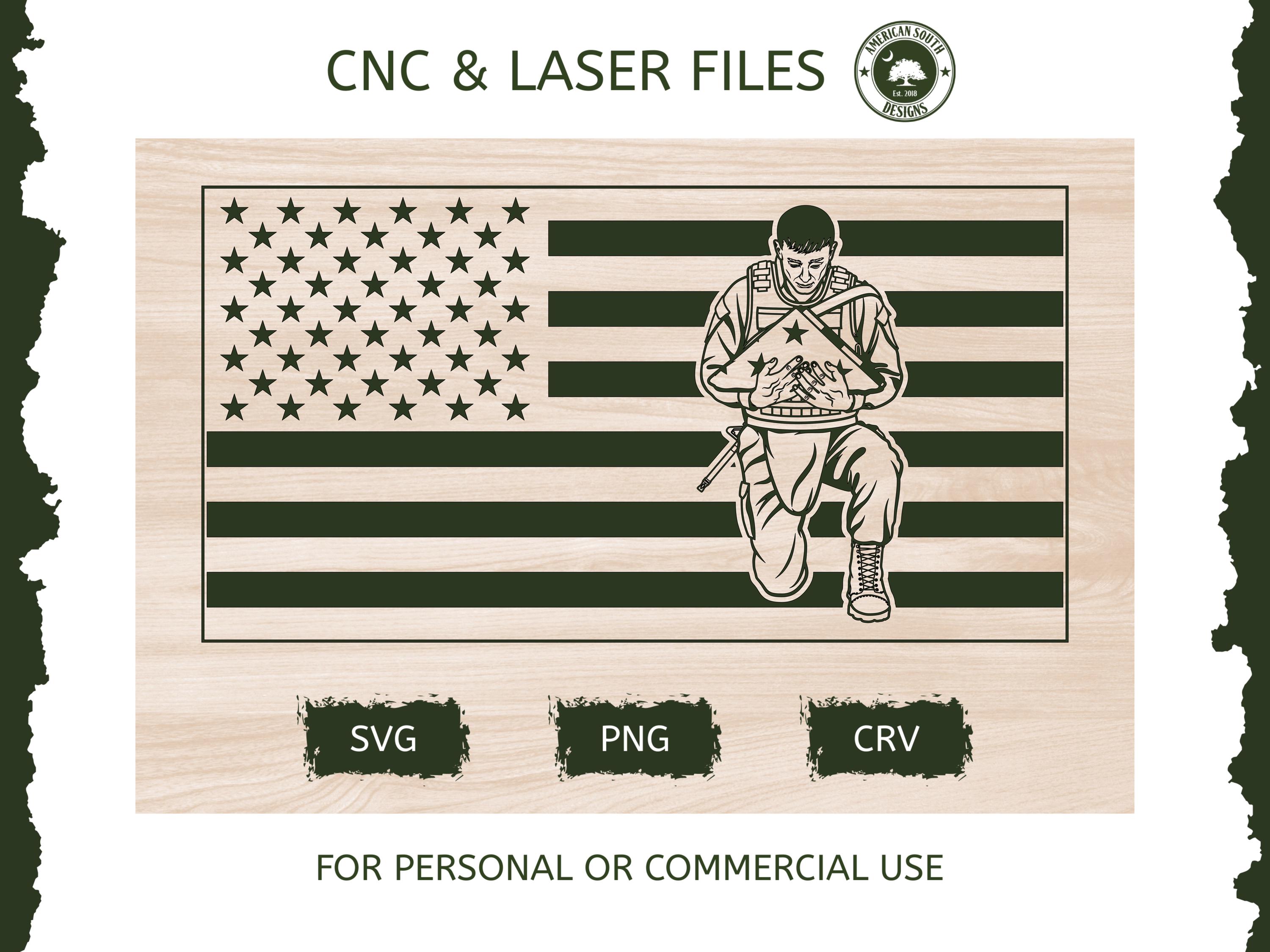 アメリカ国旗とひざまずく兵士 - SVG | CNC、レーザーカットファイル