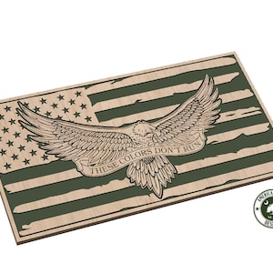 May include: A wooden sign with a green and brown American flag design. A bald eagle with wings spread is flying over the flag. The eagle has a banner that reads "These Colors Don't Run".