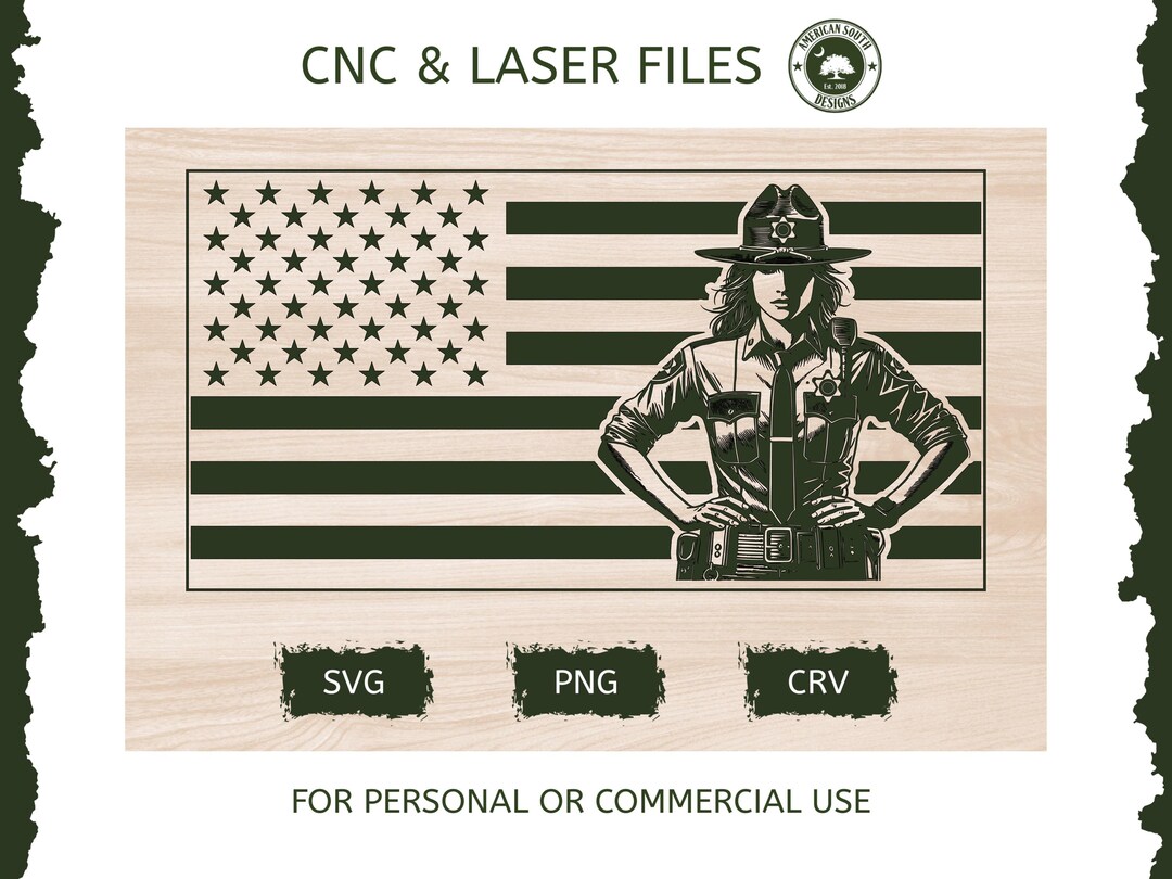 女性保安官が描かれたアメリカ国旗 - SVG | CNC、レーザー彫刻、CRV