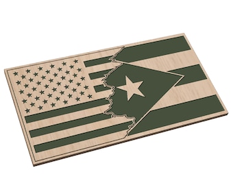 May include: A wooden sign with the American flag on the left side and the Puerto Rican flag on the right side. The flags are cut out of the wood and the wood is stained a light brown color.