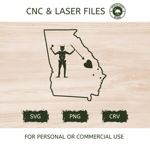 May include: A black and white graphic of the state of Georgia with a pirate flag design. The image includes the text "CNC & LASER FILES" and file type icons for SVG, PNG, and CRV. The text "FOR PERSONAL OR COMMERCIAL USE" is also included.