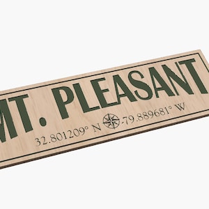May include: A wooden sign with the text "MT. PLEASANT" and the coordinates "32.801209° N -79.889681° W".