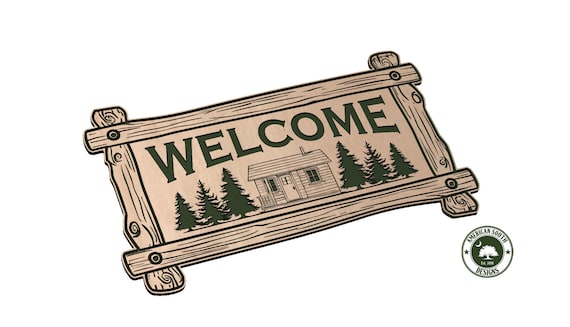 Wooden Sign - Welcome with Cabin - SVG