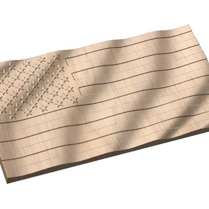 May include: A wooden American flag with a wavy, textured surface. The flag is made of light brown wood and has a dark brown border.