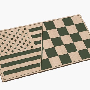 Peut inclure: Un plateau de jeu en bois avec un motif de drapeau américain vert sur une moitié et un motif de damier vert sur l'autre moitié.
