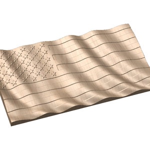 May include: A wooden American flag with a wavy design. The flag is made of light brown wood and has a distressed look.