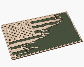 May include: A wooden American flag with a distressed, tattered look. The flag is painted in red, white, and blue with a green background.