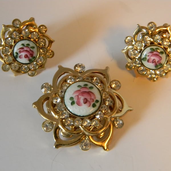 Vintage Karu Hand Painted Rhinestone Brooch & Earring Set