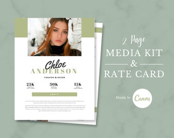 May include: A two-page media kit and rate card for a fashion blogger named Chloe Anderson. The kit includes a headshot of Chloe, her social media stats, and information about her blog. The kit is made with Canva.