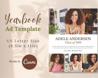 May include: Yearbook ad template with a photo of a smiling woman. The template includes the text "ADELE ANDERSEN Class of 2023" and is US Letter Size (8.5in x 11in). Made in Canva.