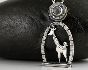 Sterling Silver Giraffe Necklace with a Labradorite Gemstone - Safari Animal Jewelry