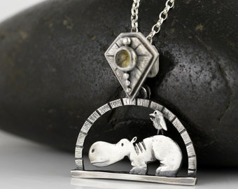 Collana in argento sterling con ippopotamo e pietra preziosa citrina - Gioielli con animali da safari con ippopotamo - Italia