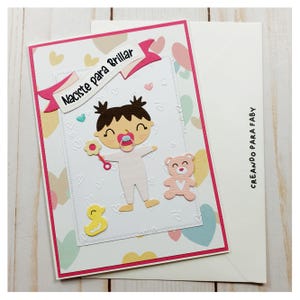Tarjeta Infantil de Felicitación por Nuevo Bebé Niña. Hecha a Mano. Tarjeta nuevo Bebe con mensaje personalizable. Regalo Baby Showers.