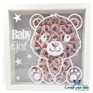 Cuadro de osita rosa de flores de papel. Decoración para la habitación del bebé. Caja de sombras de flores de papel. Regalo para fiesta bebe