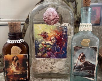 Vintage bottles Mermaids beach ocean nautical decoration gift