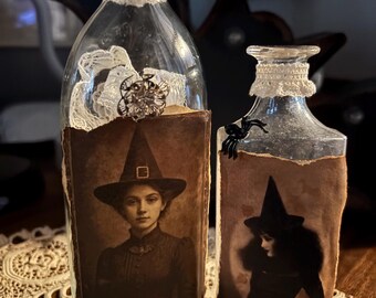 Antique bottles decoration Spooky Halloween Witches 6”-10” vintage macabre