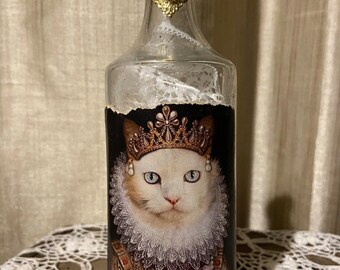 Antique bottle decorated white Victorian cat jewels 6” gift