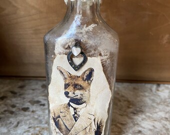 Antique vintage bottle repurposed Decoration 6” Dapper fox in suit Gift