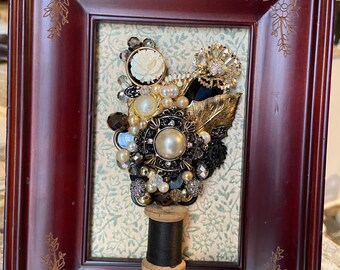 Vintage jewelry Artwork Flower bouquet framed 5x7 decoration gift