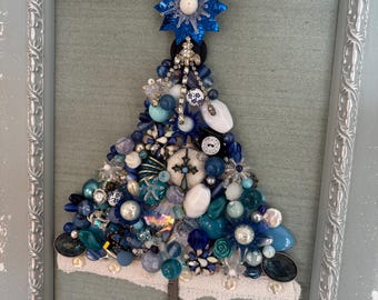 Vintage jewelry Christmas tree framed art 8x10 decoration gift