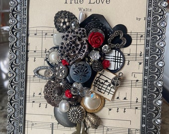Vintage jewelry artwork red black true love music flower bouquet 5x7 frame gift