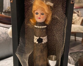 Diorama creepy doll  vintage macabre oddities bride in hanging drawer “Til Death Do Us Part”