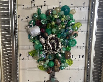 Vintage jewelry green tree Adam and Eve Theme snake apple framed 5x7 decoration gift