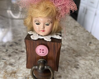 Creepy doll head on candle stick vintage oddities macabre decoration 5”